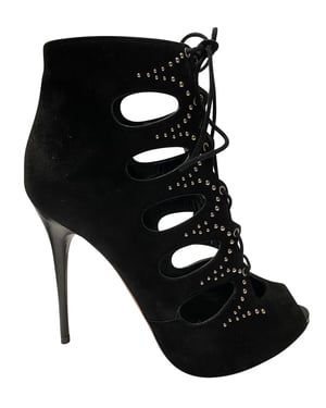 Alexander McQueen Cut Out Studded Lace Up Boots in Black Suede