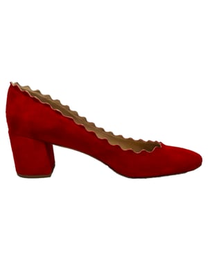 Chloé Lauren Scallop Block Heel Pumpar i Röd Mocka
