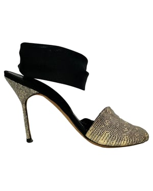 Manolo Blahnik Snake-Embossed Lace Up Sandals in Animal Print Leather