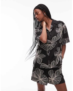 Topshop co-ord mono floral textured resort shirt in black