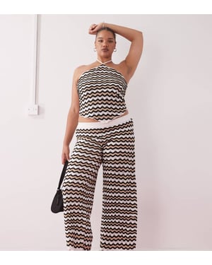 Noisy May Curve loose fit crochet trouser co-ord in black & beige wave