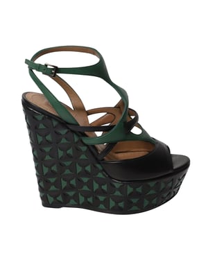 Alaia Laser-Cut Basket Weave Wedges in Green Leather