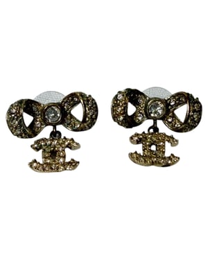 Chanel Crystal CC Bow Drop Earrings in Gold Metal