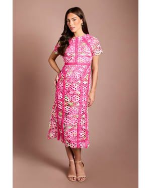 Petite Printed Lace Midi Pencil Dress