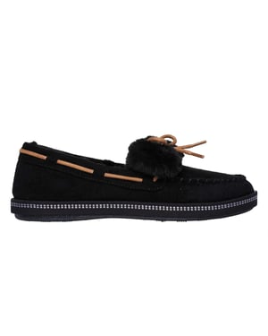 Skechers Mokassinslippers för damer med rosett och kant av fuskpäls (Svart)