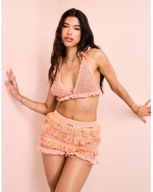 ASOS LUXE koord pärlprydd stickad virkad bralette i aprikos