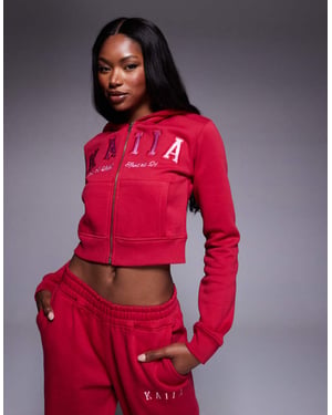 Kaiia bomullsblandning broderad logotyp oversized hoodie co-ord i röd och rosa