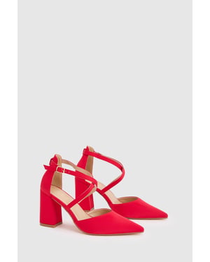 Wide Fit Treat Satin Cross Strap Pointed Block Heel Court Shoes
