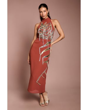 Halterneck Embellished Fringe Midi Dress