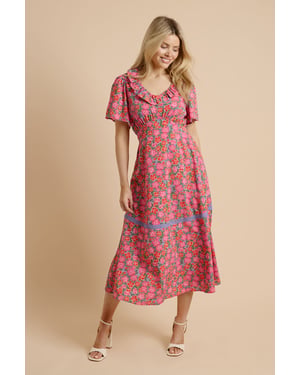Multi Angel Sleeve Frill Neckline Lace Trim Midaxi Dress