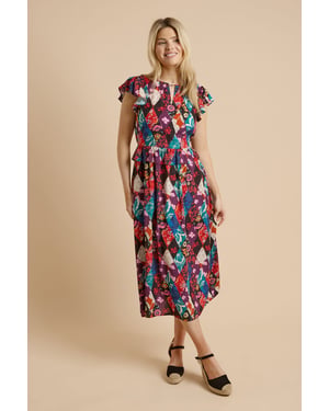 Patchwork Floral Keyhole Flutter Sleeve Midi Dress