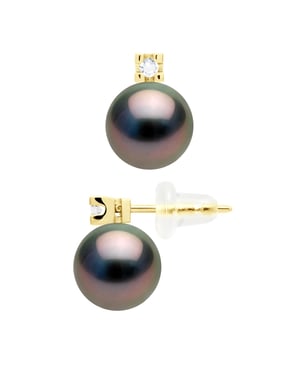 Oorbellen Prestige - Diamanten 0,04 ct - in Geel Goud 750 en Echte Cultiveerde Tahitiaanse Parel Rond 8-9 mm