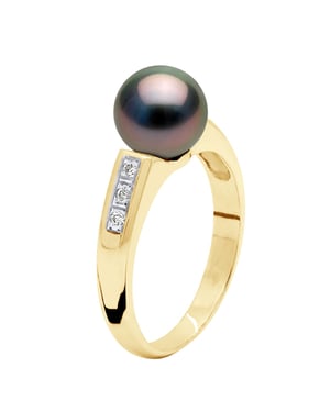 Ring Sieraden Diamant 0,06 Cts - Geel Goud - Echte Gecultiveerde Tahiti Pauw 8-9 mm Rond