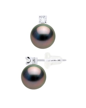 Oorbellen Prestige - Diamanten 0,04 ct - in Wit Goud 750 en Echte Gecontroleerde Tahiti Parel Ronde 8-9 mm