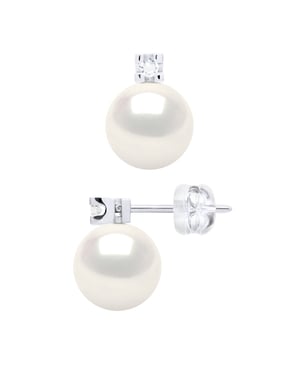 Oorbellen Prestige - Diamanten 0,04 Ct - Kwaliteit HSI - Wit Goud 375 en Echte Zoetwaterparels Rond 8-9 mm