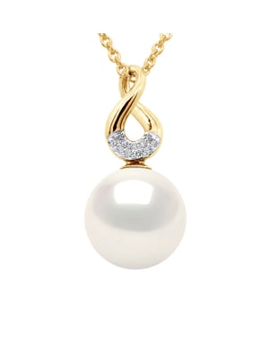Parel Acht Geelgoud - Diamanten 0,03 Cts - Echte Gecultiveerde Zoetwater Parel Rond 9-10 mm