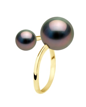Ring Duo - Geel Goud - 2 Echte Gecultiveerde Tahiti Parels Rond 7-8 en 11-12 mm