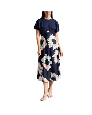 Ted Baker Midi-jurk met bloemenprint, A-lijn en pofmouwen voor dames (Donkerblauw)