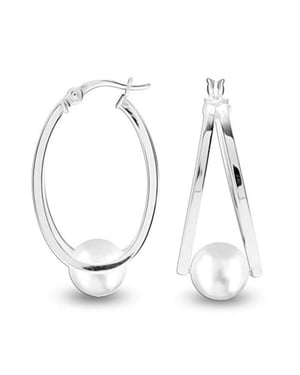 Vrouwen Ovale Hoops met Witte Parel, 925 Sterling Zilver BIPE030