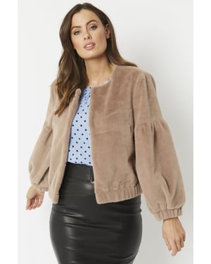 Cashmer Efect Cropped  Faux Fur Jacket with Puff Sleeves