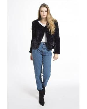 Hand Knitted V-Neck Faux Fur Coat