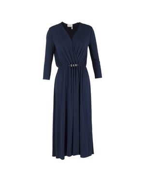 Lanvin midi-jurk met V-hals, plooien en lange mouwen in marineblauw polyester