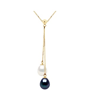 DIADEMA - Halsband You & Me - 2 äkta sötvattenspärlor - svart och vitt - gult guld