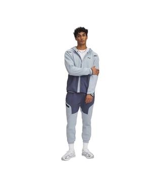 Under Armour Joggingbyxor för män i Unstoppable-fleece med dragkedja och fickor (Grå/blå/svart)