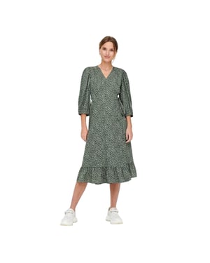 Only Olivia – abstrakt omlottklänning med V-ringning och puffärmar för damer (Balsam Green)