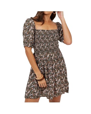 Brave Soul Mini-jurk voor dames met bloemenprint, vierkante halslijn en pofmouwen (Roze/Multikleurig)