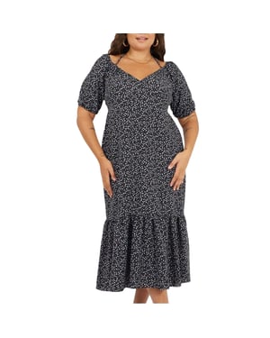 Brave Soul Midi-jurk voor dames met V-hals, stippenpatroon en gebogen silhouet, met korte mouwen (Zwart/Paars)