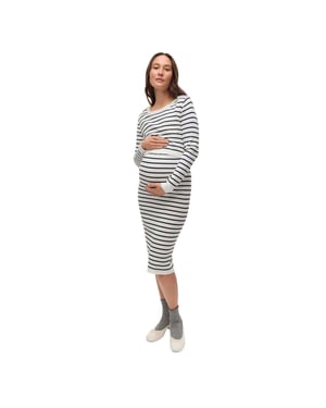 Mamalicious Midalång klänning med rund halsringning och långa ärmar i randigt mönster från Mlalima för damer (Snövit)