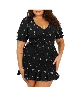 Brave Soul Mini-jurk voor dames met V-hals en pofmouwen in grote maten (Zwart, Wit)