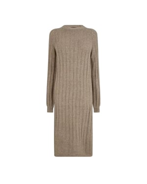 Pieces Gebreide midi-jurk met ronde hals en lange mouwen voor dames (Taupe Grijs)