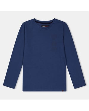 Boys Farah Stackd Print Crew Neck Long Sleeve T-Shirt in Blue