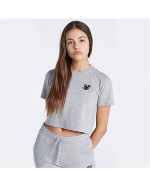 Girls SikSilk Cropped Crew Neck Regular Fit T-Shirt in Grey Marl