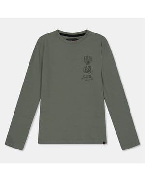 Boys Farah Stackd Print Crew Neck Long Sleeve T-Shirt in Green