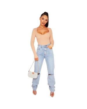 Missy Empire Damesbodysuit met cups en geribde lange mouwen (Rose)