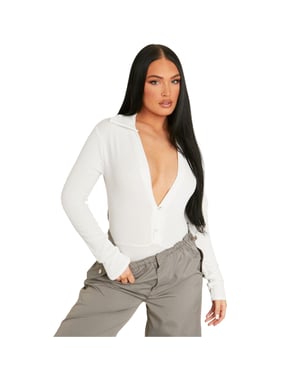 Missy Empire Dam/Lady Ribbstickad Långärmad Bodysuit med passform (Grädde)