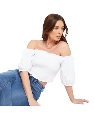 Be You Dames/Dames Off Shoulder Regular Puff Sleeve Crop Top (Wit)