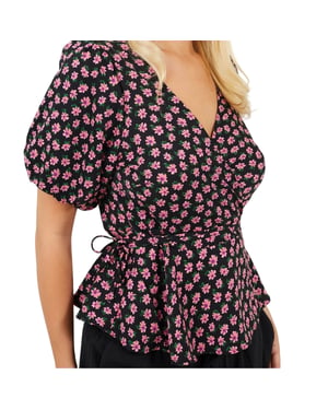 Brave Soul Dames/Dames V Hals Pofmouw Wikkel Top (Zwart/roze)