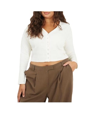 Brave Soul Dames Rippend V-Hals Plus Lange Mouwen Crop Top (Crème)