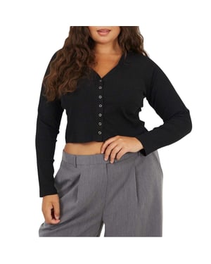 Brave Soul Vrouwen Ribbel V-Hals Plus Lange Mouwen Crop Top (Zwart)