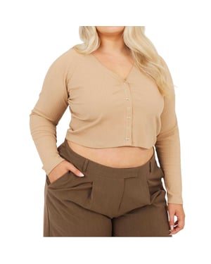 Brave Soul Dames Geribbeld V-Hals Plus Lange Mouwen Crop Top (Taupe)