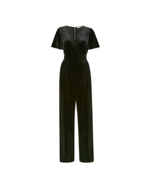 Yumi Jumpsuit voor dames met overslag, van fluweel, V-hals en engelenmouwen (Zwart)