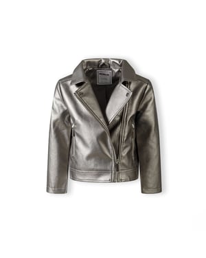 Girls Minoti Solid Patterned Asymmetric Zipper Lapel Collared Bike Jacket in Silver