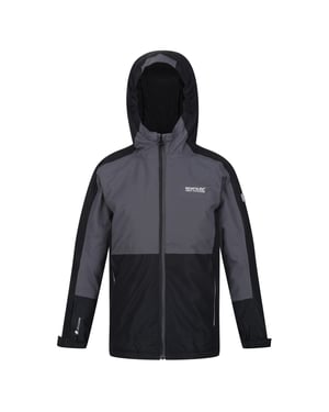 Boys Regatta Beamziii Color Block Hooded Zipped Pocket Rain Jacket in Black/Sealgr