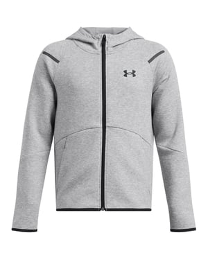 Boys Under Armour Unstoppable Hooded Neck Full Zipper Ribbed Cuff Sweat Jacket in Grey
