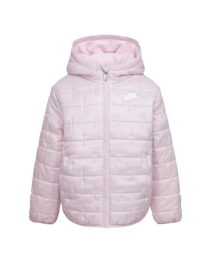 Girls Nike Positive Q Hooded Solid Patterned Puffer Jacket in Pink Foam