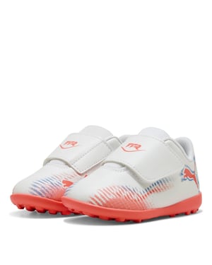 Boys Puma Kids Future 8 Play V TT Astro Turf Football Boots in Wht-Blk-Glw Red